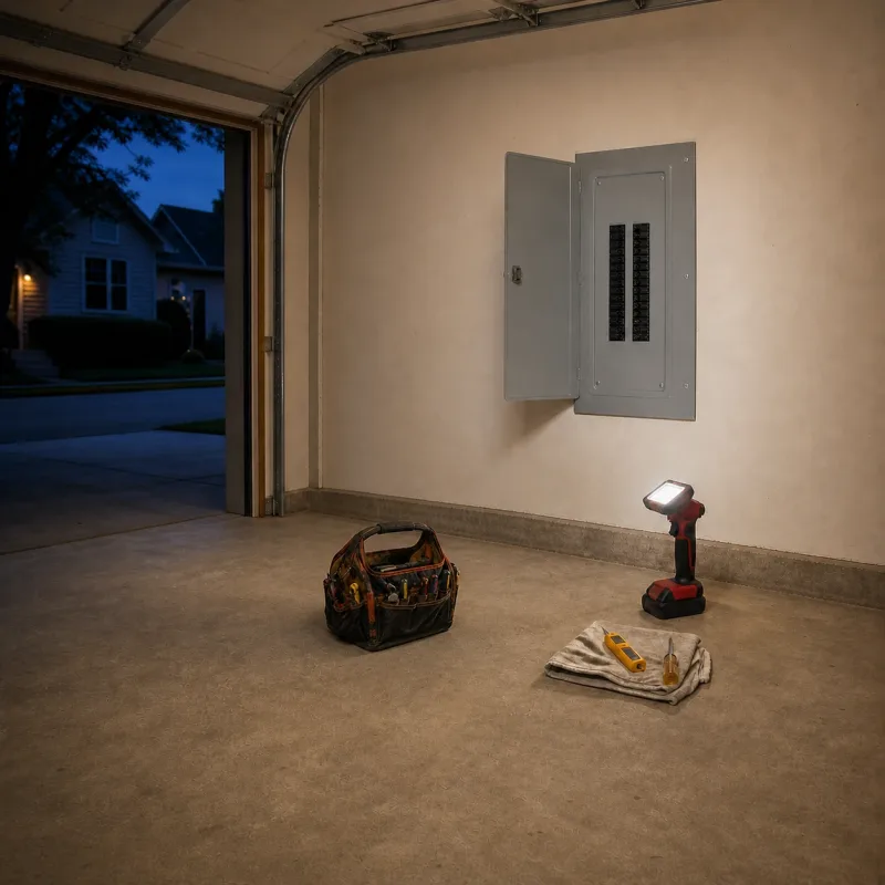 An electrician’s tool bag and work light at an evening service call
