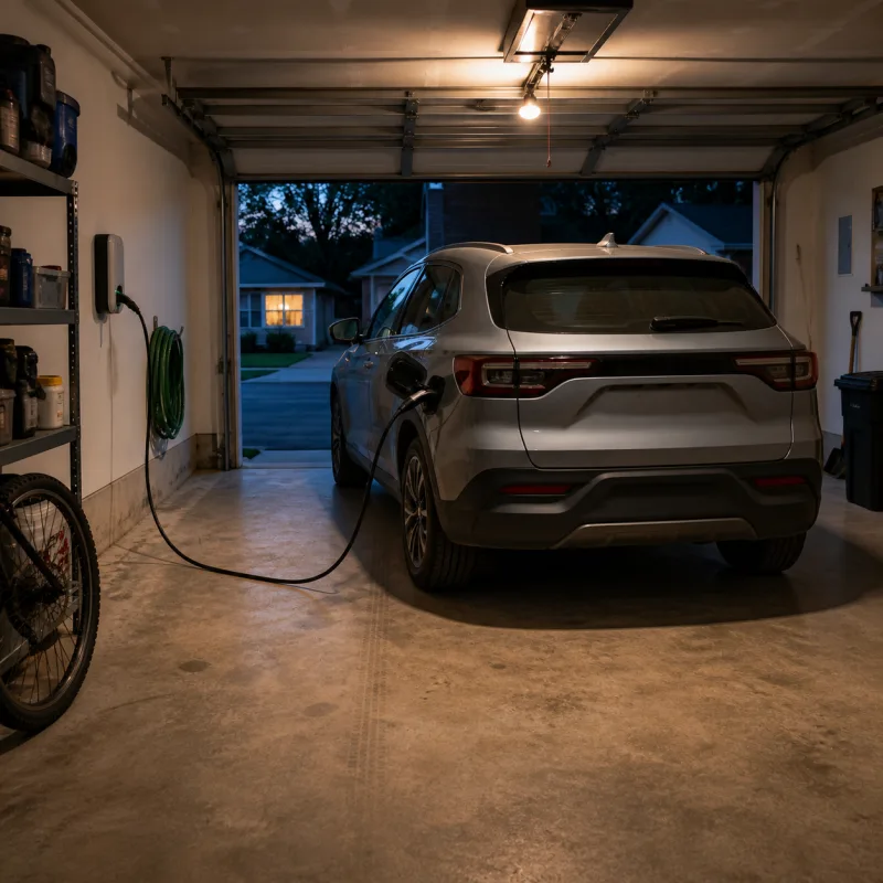 An electric car charging on a Level 2 wall charger in a home garage