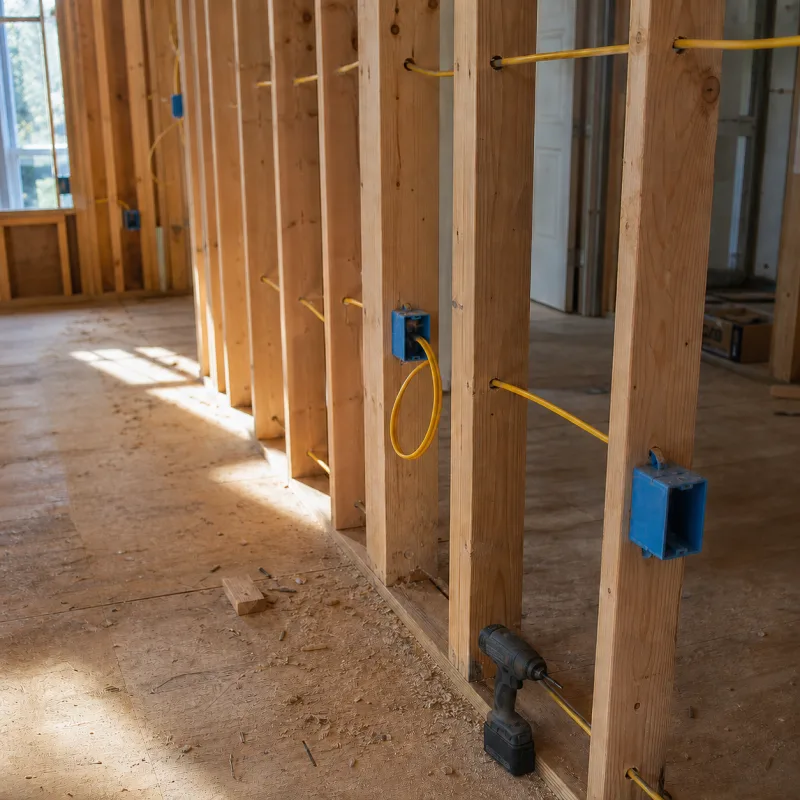 Electrical rough-in wiring through new wall framing