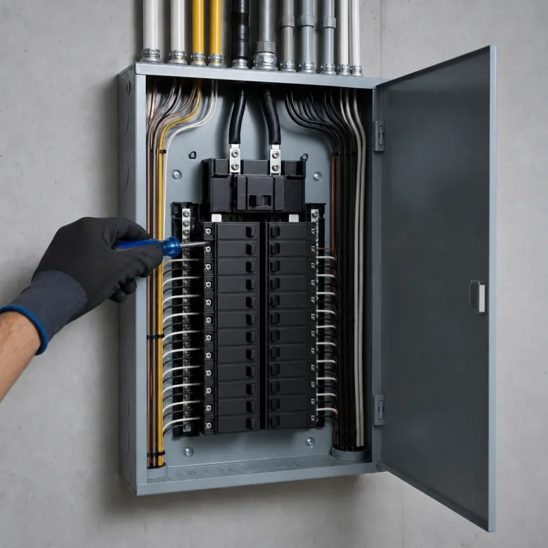 An electrician installing a 200-amp electrical panel