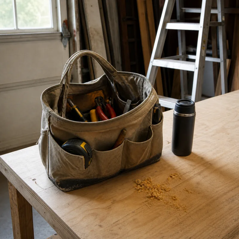 A working electrician’s tool bag on a workshop bench
