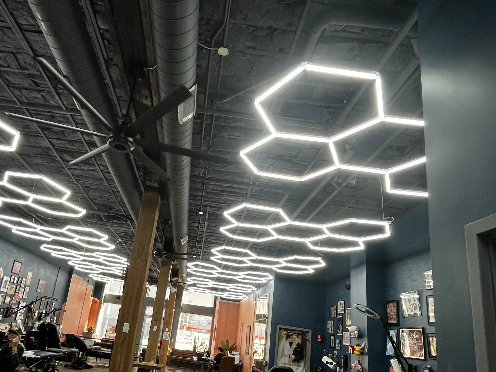 Hexagonal LED light array across the main floor of the Erie Street Ink studio